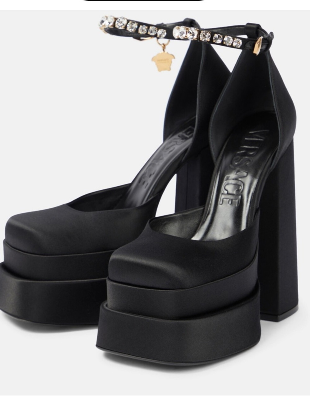 Versace Aevitas Satin Platform Pumps Ankle Strap Medusa Charm 39